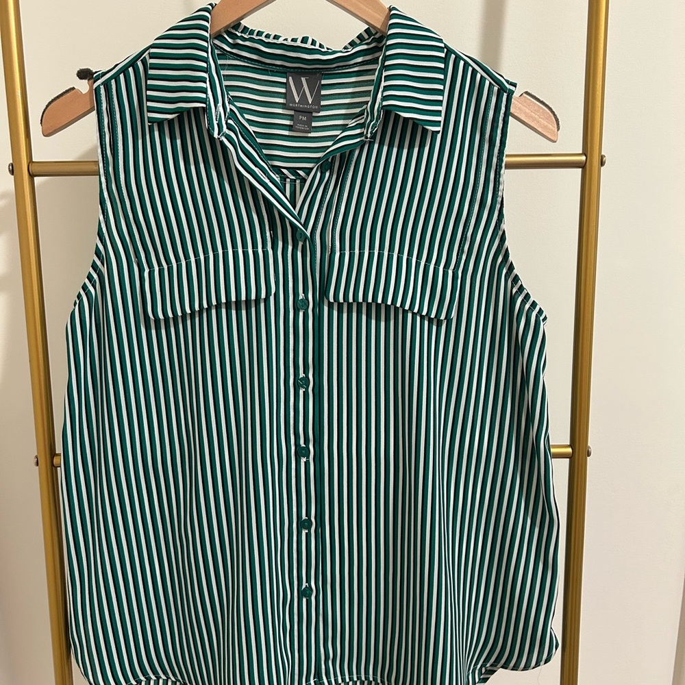 3for$20 Worthington Teal Striped Button Down Sleeveless Shirt